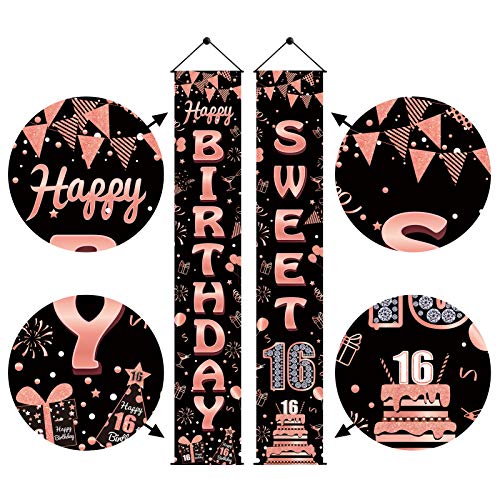 Luxiocio Happy 16th Birthday Banner Decorations for Girls, Sweet 16 Year Old Birthday Welcome Porch Sign, Rose Gold Sixteen Birthday Party Supplies for Outdoor Indoor