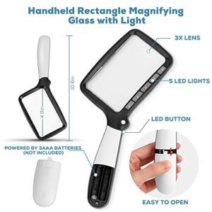 Folding Handheld Magnifying Glass with Light, 3X Large Rectangle Reading Magnifier with Dimmable LED for Seniors with Macular Degeneration, Newspaper, Books, Small Print, Lighted Gift for Low Visions