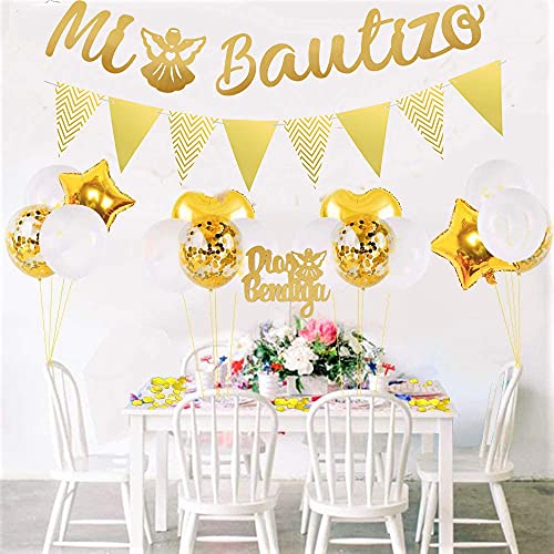 SHL Gold Glitter Mi Bautizo Party Decorations set with Glitter God Bless Cake Topper Triangle Flag Mi Bautizo Banner Balloons for Baby Baptism First Communion Baby Shower Party Decorations