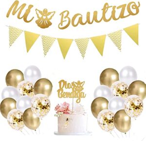 shl gold glitter mi bautizo party decorations set with glitter god bless cake topper triangle flag mi bautizo banner balloons for baby baptism first communion baby shower party decorations