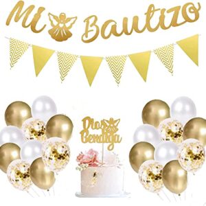 SHL Gold Glitter Mi Bautizo Party Decorations set with Glitter God Bless Cake Topper Triangle Flag Mi Bautizo Banner Balloons for Baby Baptism First Communion Baby Shower Party Decorations