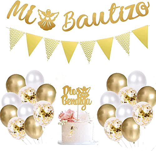 SHL Gold Glitter Mi Bautizo Party Decorations set with Glitter God Bless Cake Topper Triangle Flag Mi Bautizo Banner Balloons for Baby Baptism First Communion Baby Shower Party Decorations