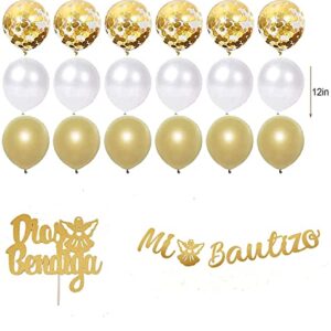 SHL Gold Glitter Mi Bautizo Party Decorations set with Glitter God Bless Cake Topper Triangle Flag Mi Bautizo Banner Balloons for Baby Baptism First Communion Baby Shower Party Decorations