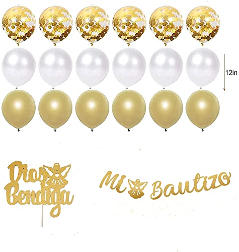 SHL Gold Glitter Mi Bautizo Party Decorations set with Glitter God Bless Cake Topper Triangle Flag Mi Bautizo Banner Balloons for Baby Baptism First Communion Baby Shower Party Decorations