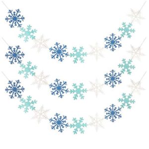 3 pack glitter snowflake banner winter snowflake garland for christmas holiday themed party decor santa festive party decor winter mantle new year party home decorations, white & blue & light blue