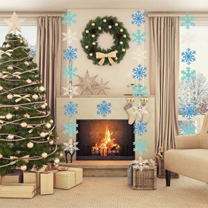 3 Pack Glitter Snowflake Banner Winter Snowflake Garland for Christmas Holiday Themed Party Decor Santa Festive Party Decor Winter Mantle New Year Party Home Decorations, White & Blue & Light Blue