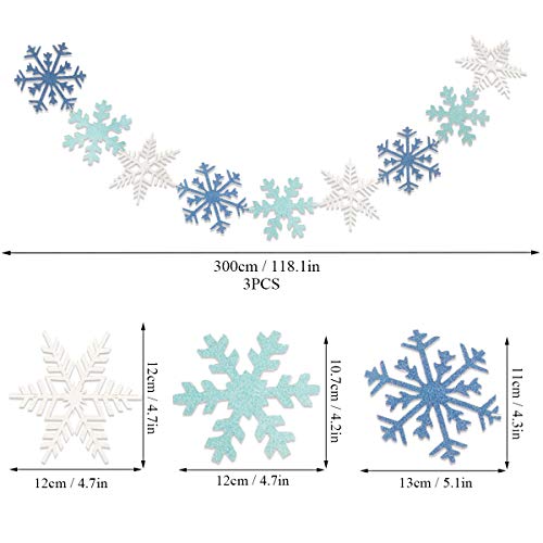 3 Pack Glitter Snowflake Banner Winter Snowflake Garland for Christmas Holiday Themed Party Decor Santa Festive Party Decor Winter Mantle New Year Party Home Decorations, White & Blue & Light Blue