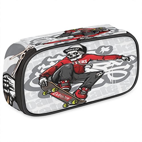 GzLeyigou Skull Skateboard Pencil Case Pen Holder Large Capacity Stationery Organizer Pen Bag with Zipper Pencil Pouch Makeup Brush Bag for Adult Teen Boy Girls Students School College Work Office