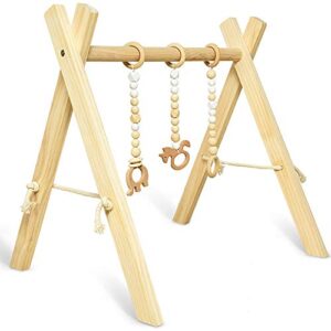 rocinha wooden baby gym with 3 wooden baby teething toys foldable baby play gym frame baby wood activity gym hanging bar newborn gift – natural color
