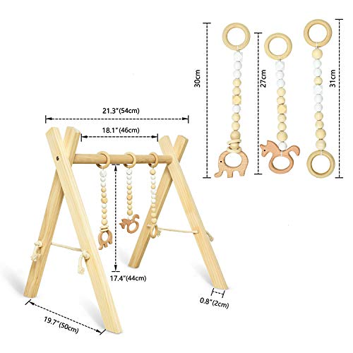 Rocinha Wooden Baby Gym with 3 Wooden Baby Teething Toys Foldable Baby Play Gym Frame Baby Wood Activity Gym Hanging Bar Newborn Gift - Natural Color