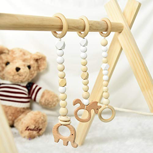 Rocinha Wooden Baby Gym with 3 Wooden Baby Teething Toys Foldable Baby Play Gym Frame Baby Wood Activity Gym Hanging Bar Newborn Gift - Natural Color