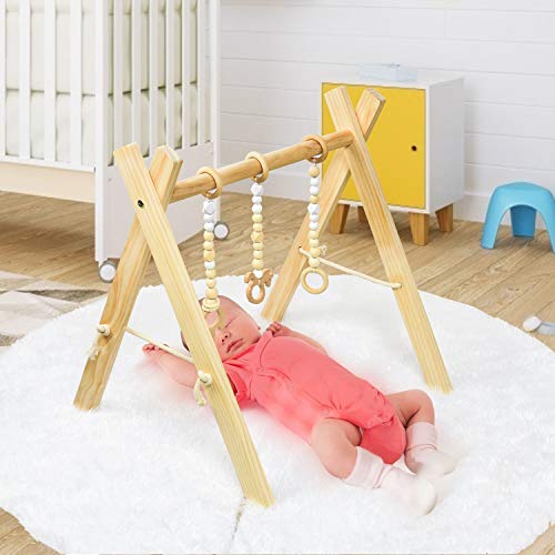 Rocinha Wooden Baby Gym with 3 Wooden Baby Teething Toys Foldable Baby Play Gym Frame Baby Wood Activity Gym Hanging Bar Newborn Gift - Natural Color