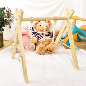 Rocinha Wooden Baby Gym with 3 Wooden Baby Teething Toys Foldable Baby Play Gym Frame Baby Wood Activity Gym Hanging Bar Newborn Gift - Natural Color