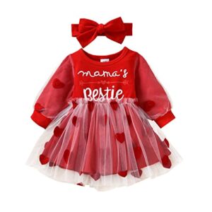 valentine ‘s day baby girl love-heart letter printed mesh patchwork long sleeve dress with headband (red, 6-9 months)