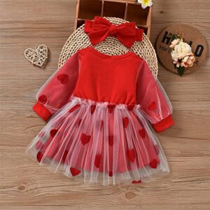 Valentine 's Day Baby Girl Love-Heart Letter Printed Mesh Patchwork Long Sleeve Dress with Headband (Red, 6-9 Months)