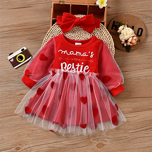 Valentine 's Day Baby Girl Love-Heart Letter Printed Mesh Patchwork Long Sleeve Dress with Headband (Red, 6-9 Months)