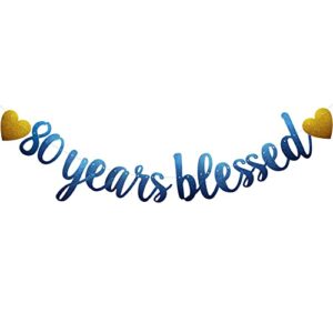 80 years blessed banner, pre-strung, blue glitter paper garlands for 80th birthday/wedding anniversary party decorations supplies, no assembly required,(blue) sunbetterland