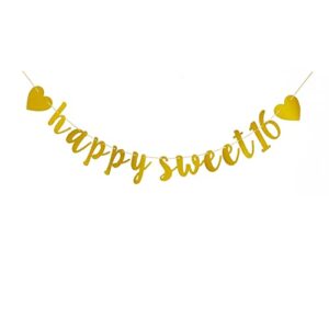 happy sweet 16 gold banner sign for 16th birthday party bunting, sweet sixteen party decorations
