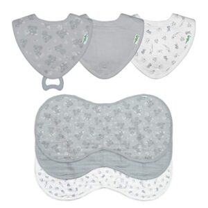 green sprouts muslin stay-dry teether bibs & burp cloths set made from organic cotton (6piece), gray koala
