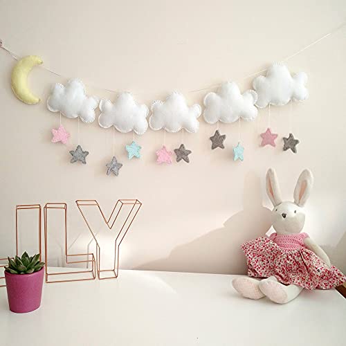 Bemeet, 5ft Felt Cloud Star Wall Hanging Decoration (Set of 1) Clouds Stars Moon Wall Hanging Garland, Baby Shower Party Supplies, Sky Theme String Garlands for Nursery Decor