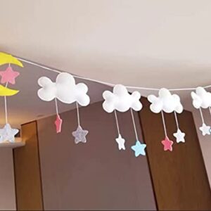 Bemeet, 5ft Felt Cloud Star Wall Hanging Decoration (Set of 1) Clouds Stars Moon Wall Hanging Garland, Baby Shower Party Supplies, Sky Theme String Garlands for Nursery Decor