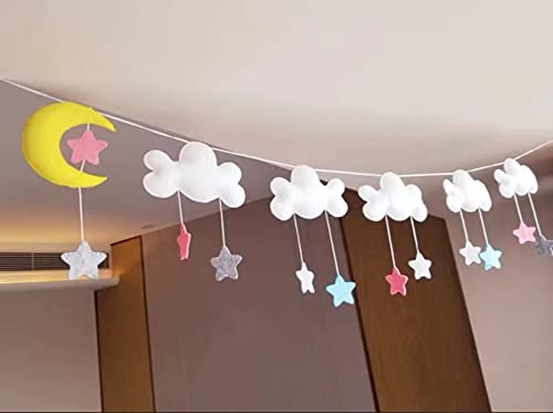 Bemeet, 5ft Felt Cloud Star Wall Hanging Decoration (Set of 1) Clouds Stars Moon Wall Hanging Garland, Baby Shower Party Supplies, Sky Theme String Garlands for Nursery Decor