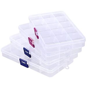 cosics rhinestone organizer storage box, 4pcs 15-grid small clear plastic jewelry case, empty container dividers for nail art craft accessory, display holder for fishing tackle, bead, charms, sewing