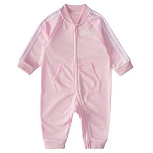 adidas girls long sleeve 3- stripe tricot coverall overalls, clear pink, 3 months us