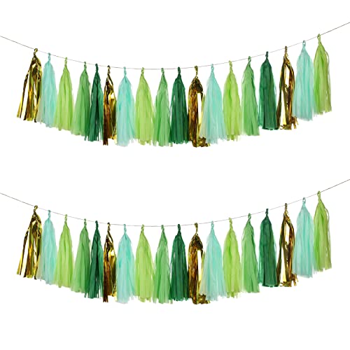 Autupy 25 PCS Green Gold Mylar Tassels Garland Tissue Paper Tassels Banner DIY Kit Mint Tassel Garland Green Gold Rustic Wedding Jungle Birthday Party Decorations for Women Men Boys Girls