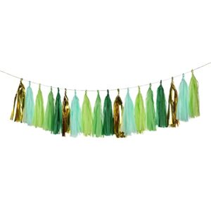 Autupy 25 PCS Green Gold Mylar Tassels Garland Tissue Paper Tassels Banner DIY Kit Mint Tassel Garland Green Gold Rustic Wedding Jungle Birthday Party Decorations for Women Men Boys Girls