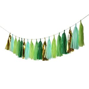 Autupy 25 PCS Green Gold Mylar Tassels Garland Tissue Paper Tassels Banner DIY Kit Mint Tassel Garland Green Gold Rustic Wedding Jungle Birthday Party Decorations for Women Men Boys Girls