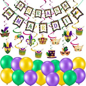 43 pieces mardi gras hanging decorations kit included new orleans pennant banner 18 pieces mardi gras hanging swirls and 24 pieces mardi gras latex balloons for mardi gras party decorations supplies