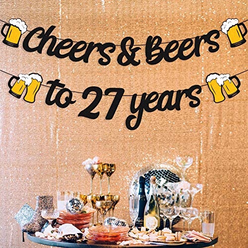 27th Birthday Decorations Cheers to 27 Years Banner for Men Women 27s Birthday Backdrop Wedding Anniversary Party Supplies Gold Glitter Decorations PRE Strung