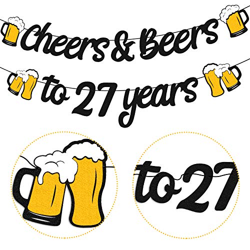 27th Birthday Decorations Cheers to 27 Years Banner for Men Women 27s Birthday Backdrop Wedding Anniversary Party Supplies Gold Glitter Decorations PRE Strung