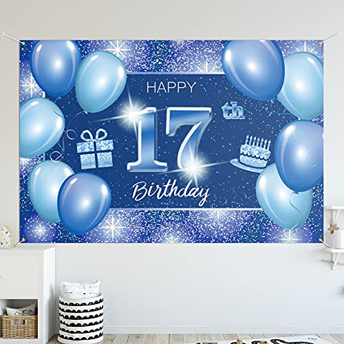 Happy 17th Birthday Backdrop Banner Decor Blue – Dot Glitter Sparkle 17 Years Old Birthday party Theme Decorations for Boys Girls Supplies