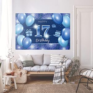 Happy 17th Birthday Backdrop Banner Decor Blue – Dot Glitter Sparkle 17 Years Old Birthday party Theme Decorations for Boys Girls Supplies