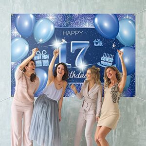 Happy 17th Birthday Backdrop Banner Decor Blue – Dot Glitter Sparkle 17 Years Old Birthday party Theme Decorations for Boys Girls Supplies