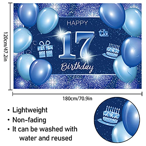Happy 17th Birthday Backdrop Banner Decor Blue – Dot Glitter Sparkle 17 Years Old Birthday party Theme Decorations for Boys Girls Supplies