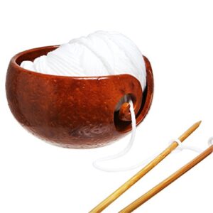 mygift knitting yarn bowl, rustic handcrafted carmel ceramic yarn ball holder, crochet side pull yarn bowl