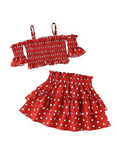 2Pcs Toddler Baby Girls Cold-Shoulder Polka Dot Print Pullover Crop Tops Ruffled Pleated Mini Skirt Outfit Set (Wine Red, 4-5 Years)