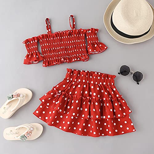 2Pcs Toddler Baby Girls Cold-Shoulder Polka Dot Print Pullover Crop Tops Ruffled Pleated Mini Skirt Outfit Set (Wine Red, 4-5 Years)