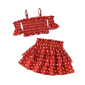 2Pcs Toddler Baby Girls Cold-Shoulder Polka Dot Print Pullover Crop Tops Ruffled Pleated Mini Skirt Outfit Set (Wine Red, 4-5 Years)