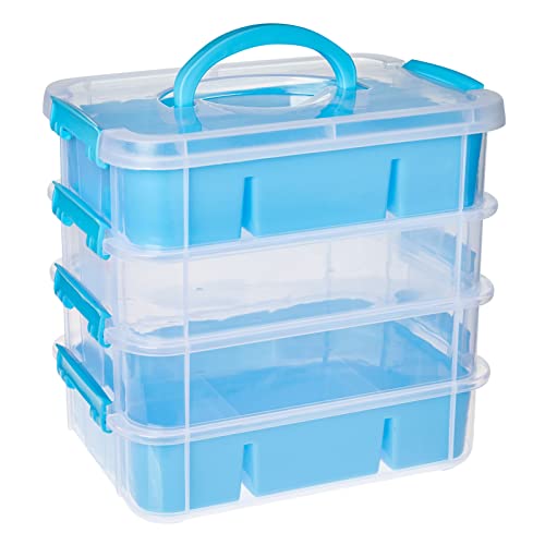 Stackable Blue Craft Storage Containers with 2 Trays and Labels, Plastic Grid Organizer Box (10.5 x 7 x 9.5 in)