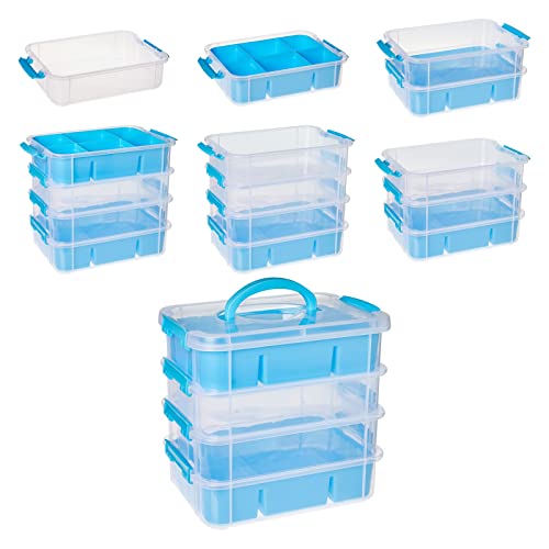 Stackable Blue Craft Storage Containers with 2 Trays and Labels, Plastic Grid Organizer Box (10.5 x 7 x 9.5 in)