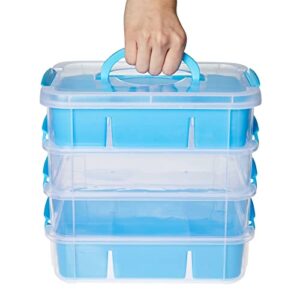 Stackable Blue Craft Storage Containers with 2 Trays and Labels, Plastic Grid Organizer Box (10.5 x 7 x 9.5 in)