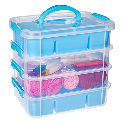 Stackable Blue Craft Storage Containers with 2 Trays and Labels, Plastic Grid Organizer Box (10.5 x 7 x 9.5 in)