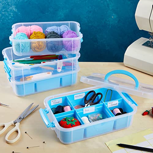 Stackable Blue Craft Storage Containers with 2 Trays and Labels, Plastic Grid Organizer Box (10.5 x 7 x 9.5 in)