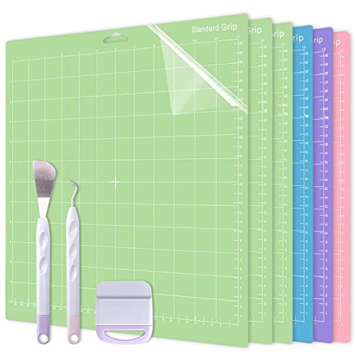 6 Pack Cutting Mats for Cricut, 12x12inch Cutting Mat, Adhesive Cutting Mat, Quilting Cutting Mats for for Art, Textiles, Scrapbooking (StandardGrip, LightGrip, StrongGrip, FabricGrip)