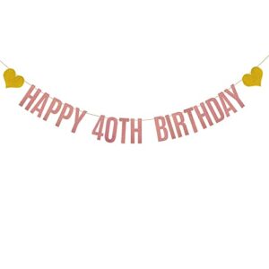 abcpartyland rose gold glitter paper happy 40th birthday banner,40th birthday party decorations supplies, pre-strung,letters rose gold happy 40th birthday