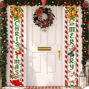 christmas porch sign decorations | vintage christmas elf hanging banner with santa claus | retro merry christmas front door decor for xmas holiday party outdoor indoor yard home